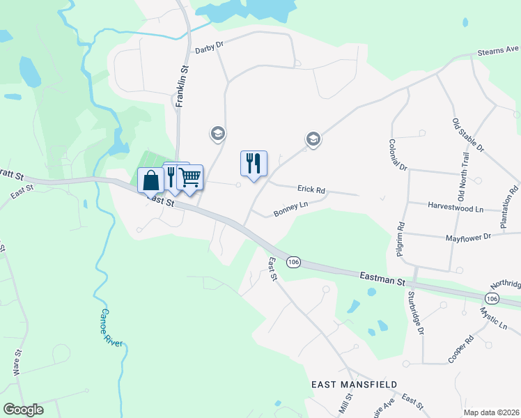 map of restaurants, bars, coffee shops, grocery stores, and more near 14 Bonney Lane in Mansfield