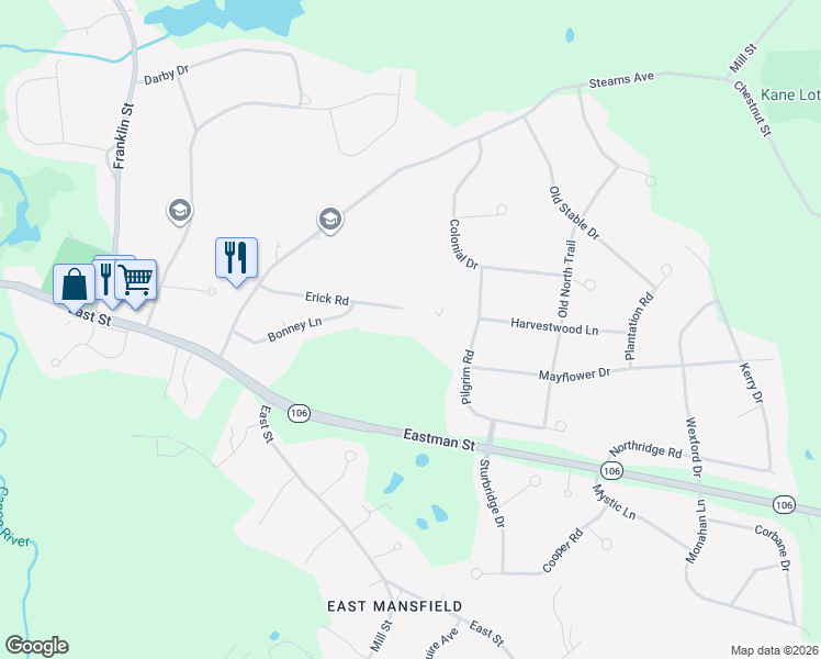 map of restaurants, bars, coffee shops, grocery stores, and more near 21 Erick Road in Mansfield