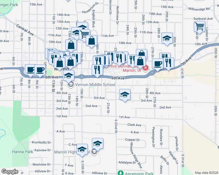 map of restaurants, bars, coffee shops, grocery stores, and more near 2095 5th Avenue in Marion