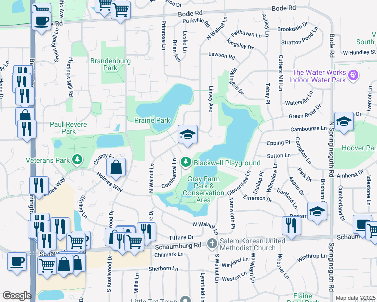 map of restaurants, bars, coffee shops, grocery stores, and more near 345 North Walnut Lane in Schaumburg