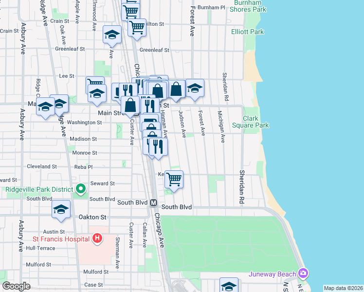 map of restaurants, bars, coffee shops, grocery stores, and more near 730 Judson Avenue in Evanston