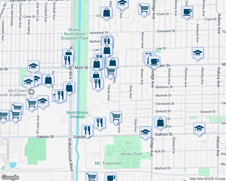 map of restaurants, bars, coffee shops, grocery stores, and more near 2221 Madison Place in Evanston