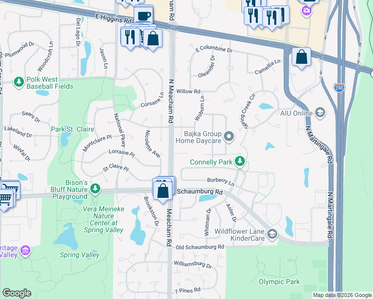 map of restaurants, bars, coffee shops, grocery stores, and more near 1426 Seers Drive in Schaumburg