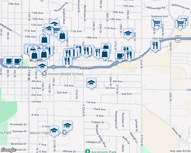 map of restaurants, bars, coffee shops, grocery stores, and more near 2435 5th Avenue in Marion