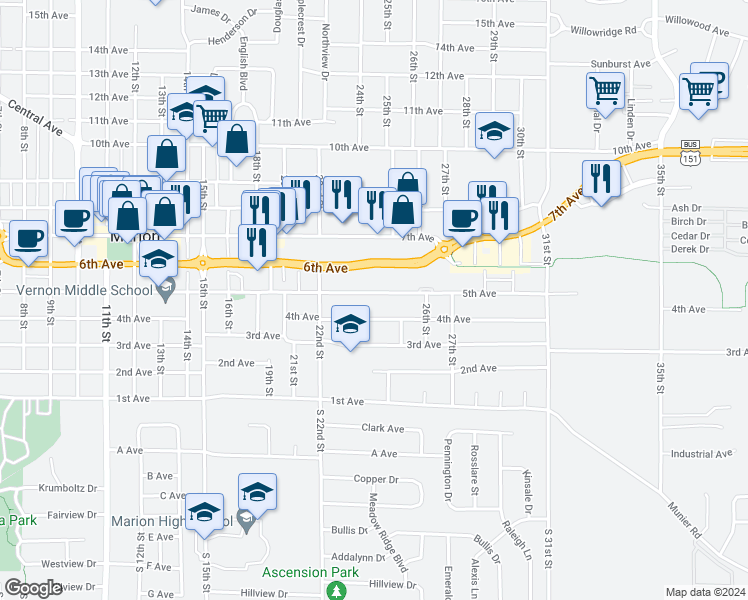 map of restaurants, bars, coffee shops, grocery stores, and more near 2455 5th Avenue in Marion