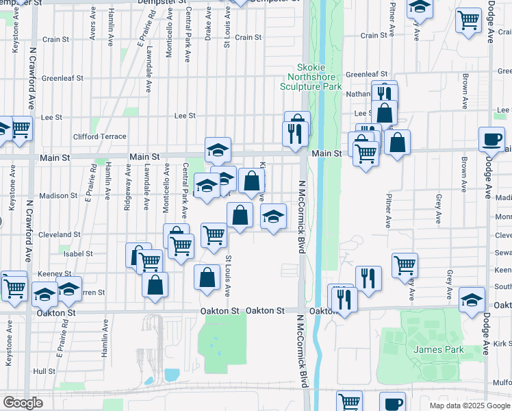 map of restaurants, bars, coffee shops, grocery stores, and more near 8240 Kimball Avenue in Skokie