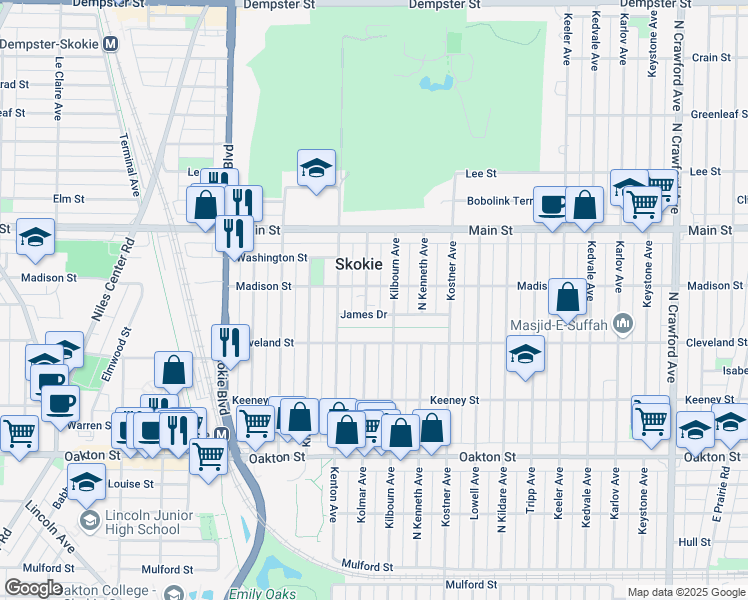 map of restaurants, bars, coffee shops, grocery stores, and more near 4525 Madison Street in Skokie