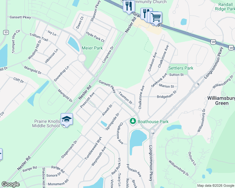 map of restaurants, bars, coffee shops, grocery stores, and more near 3152 Gansett Parkway in Elgin