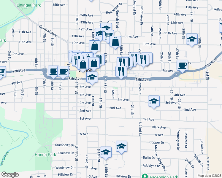 map of restaurants, bars, coffee shops, grocery stores, and more near 1587 5th Avenue in Marion