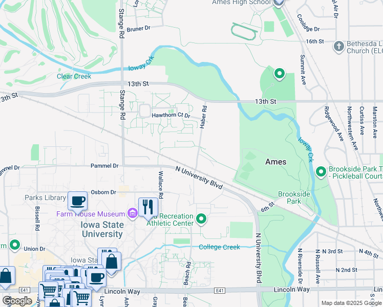 map of restaurants, bars, coffee shops, grocery stores, and more near 1015 Haber Road in Ames