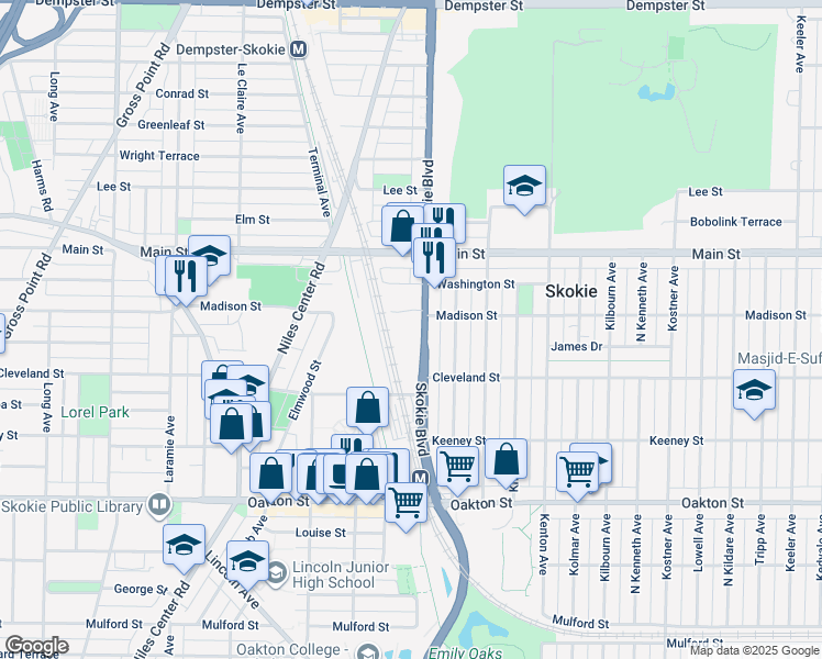 map of restaurants, bars, coffee shops, grocery stores, and more near 8250 Skokie Boulevard in Skokie