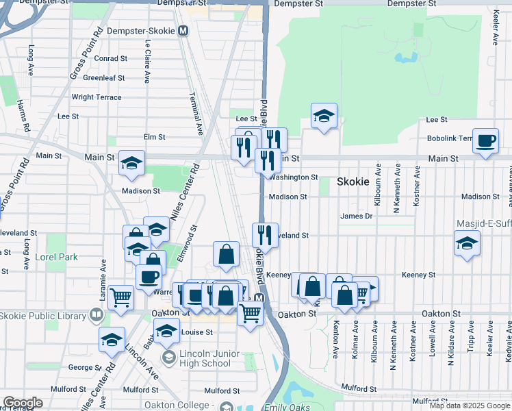 map of restaurants, bars, coffee shops, grocery stores, and more near 8250 Skokie Boulevard in Skokie