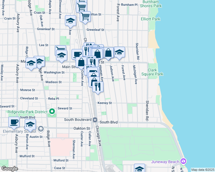 map of restaurants, bars, coffee shops, grocery stores, and more near 735 1/2 Hinman Avenue in Evanston