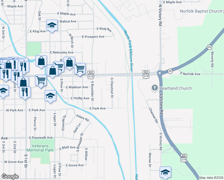 map of restaurants, bars, coffee shops, grocery stores, and more near South Chestnut Street in Norfolk