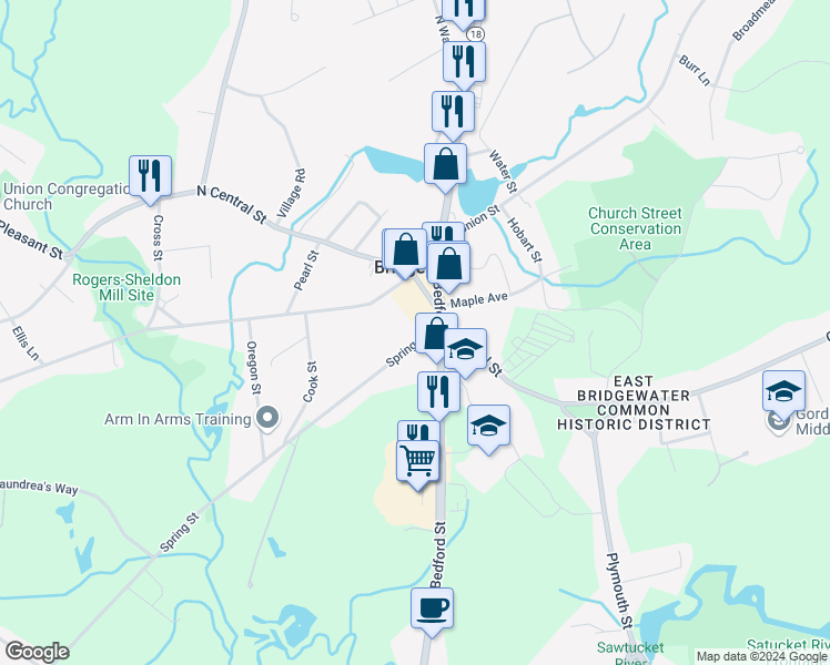 map of restaurants, bars, coffee shops, grocery stores, and more near 15 Spring Street in East Bridgewater