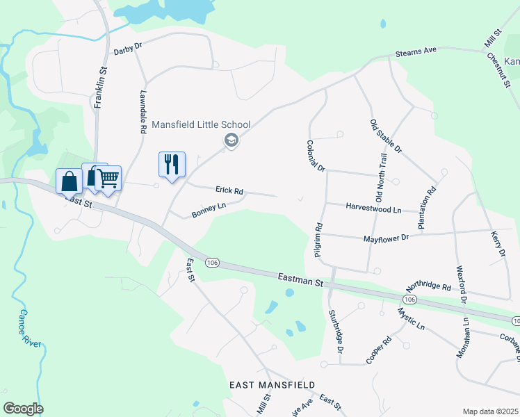 map of restaurants, bars, coffee shops, grocery stores, and more near 19 Erick Road in Mansfield