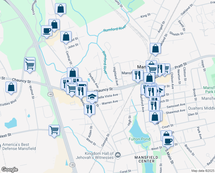 map of restaurants, bars, coffee shops, grocery stores, and more near 123 Chauncy Street in Mansfield