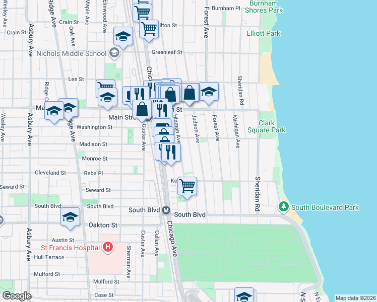 map of restaurants, bars, coffee shops, grocery stores, and more near 735 Hinman Avenue in Evanston
