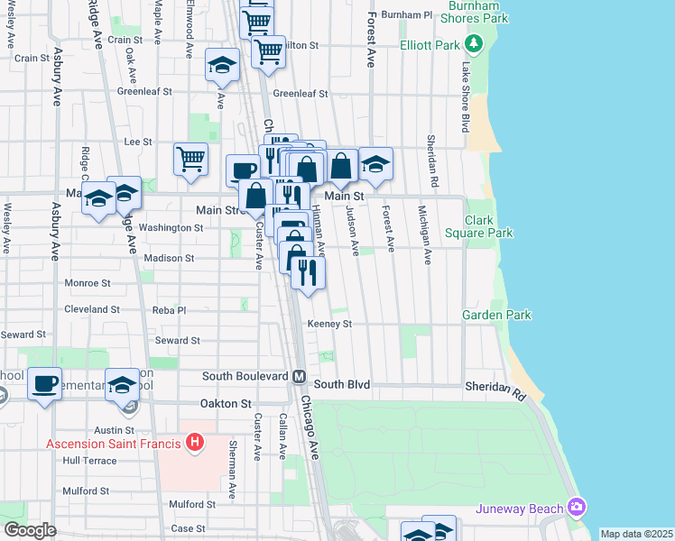 map of restaurants, bars, coffee shops, grocery stores, and more near 735 1/2 Hinman Avenue in Evanston