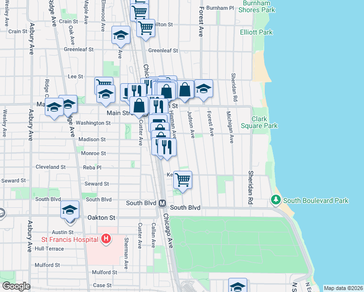 map of restaurants, bars, coffee shops, grocery stores, and more near 735 1/2 Hinman Avenue in Evanston