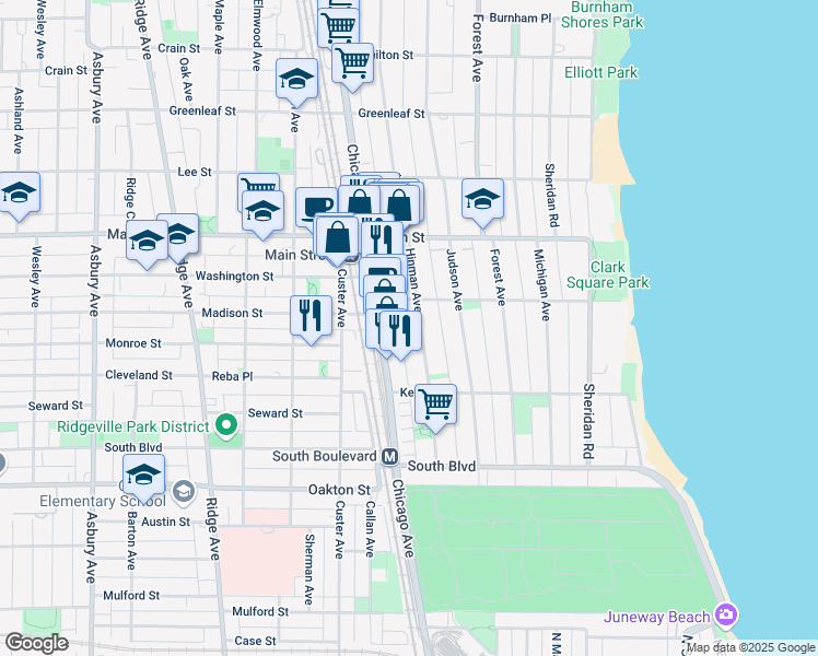 map of restaurants, bars, coffee shops, grocery stores, and more near in Evanston