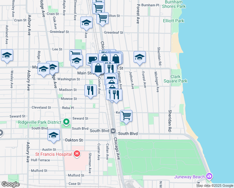 map of restaurants, bars, coffee shops, grocery stores, and more near in Evanston