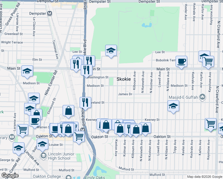 map of restaurants, bars, coffee shops, grocery stores, and more near 4633 Madison Street in Skokie