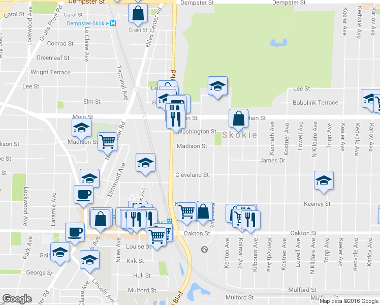 map of restaurants, bars, coffee shops, grocery stores, and more near 4721 Madison Street in Skokie