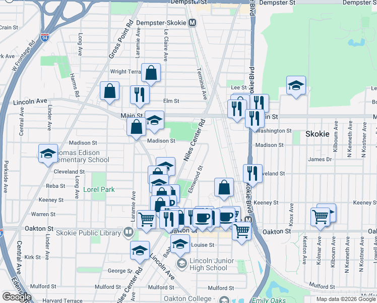 map of restaurants, bars, coffee shops, grocery stores, and more near 8260 Niles Center Road in Skokie