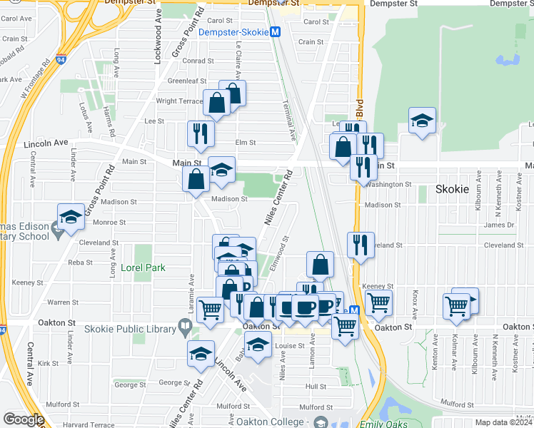 map of restaurants, bars, coffee shops, grocery stores, and more near 8260 Niles Center Road in Skokie