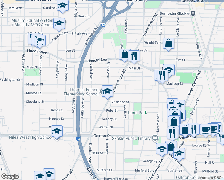 map of restaurants, bars, coffee shops, grocery stores, and more near 8240 Gross Point Road in Morton Grove
