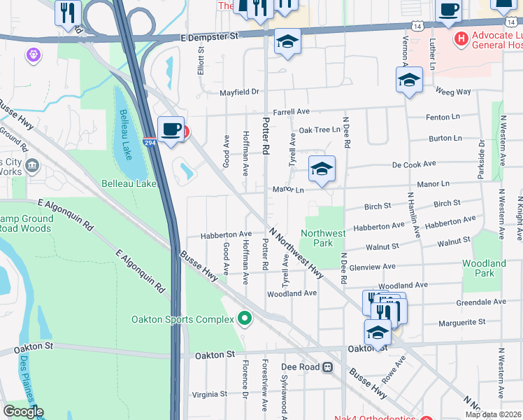 map of restaurants, bars, coffee shops, grocery stores, and more near 1327 North Northwest Highway in Park Ridge