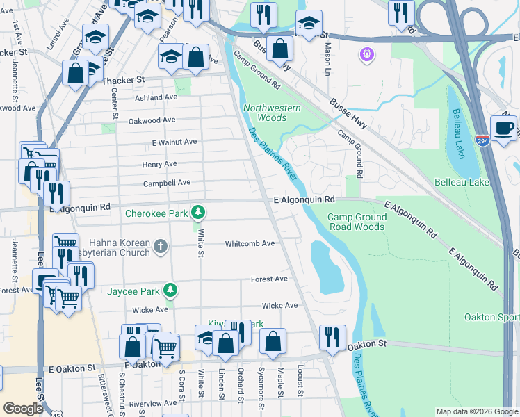 map of restaurants, bars, coffee shops, grocery stores, and more near 1220 South River Road in Des Plaines