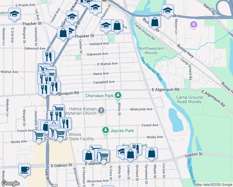 map of restaurants, bars, coffee shops, grocery stores, and more near 1200 White Street in Des Plaines