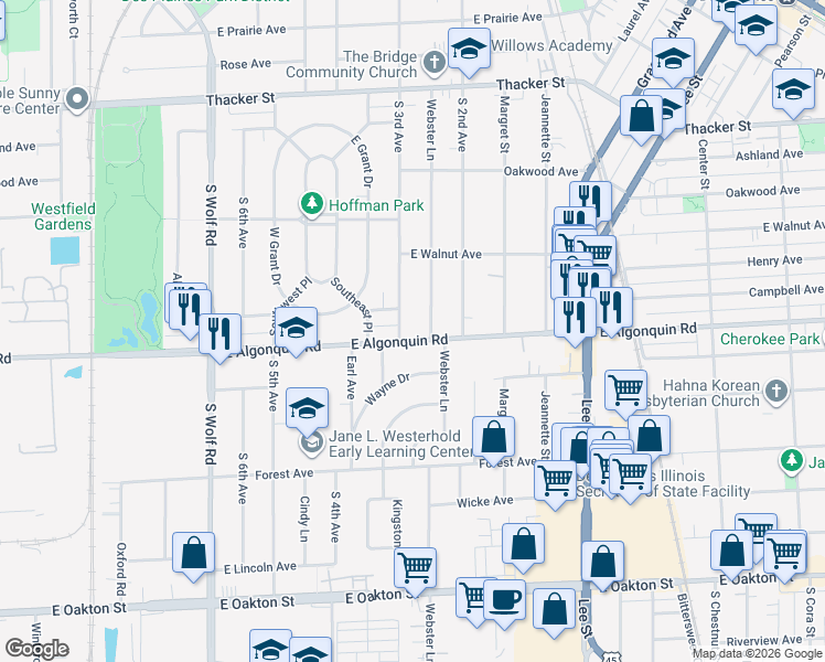 map of restaurants, bars, coffee shops, grocery stores, and more near 1167 South 3rd Avenue in Des Plaines