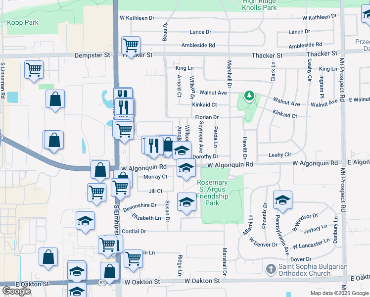 map of restaurants, bars, coffee shops, grocery stores, and more near 1104 Willson Drive in Des Plaines