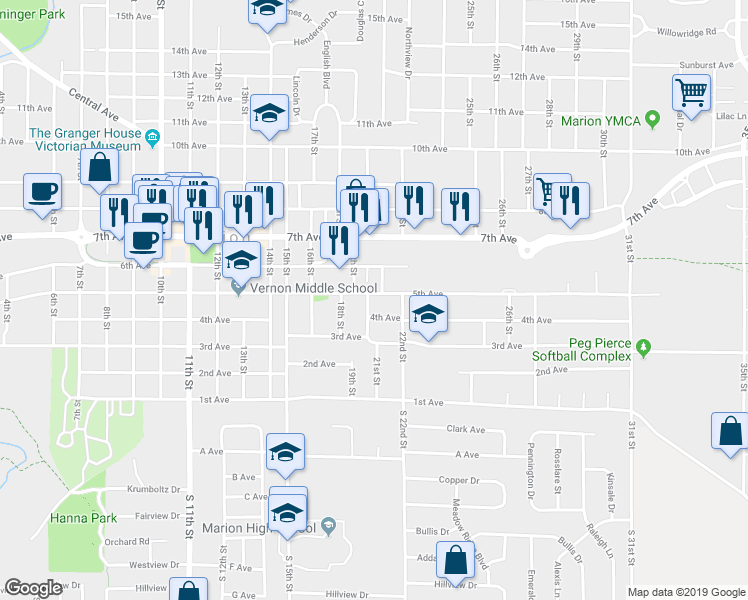 map of restaurants, bars, coffee shops, grocery stores, and more near 2076 5th Avenue in Marion