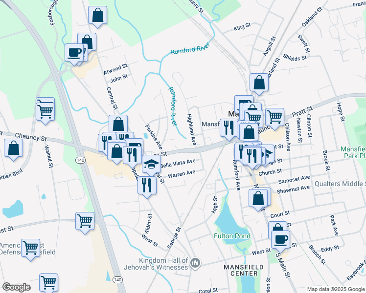 map of restaurants, bars, coffee shops, grocery stores, and more near 123 Chauncy Street in Mansfield