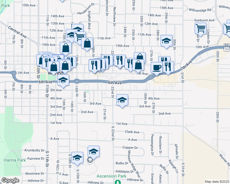 map of restaurants, bars, coffee shops, grocery stores, and more near 2231 5th Avenue in Marion