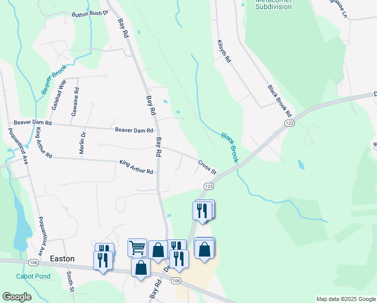 map of restaurants, bars, coffee shops, grocery stores, and more near 18 Cross Street in Easton
