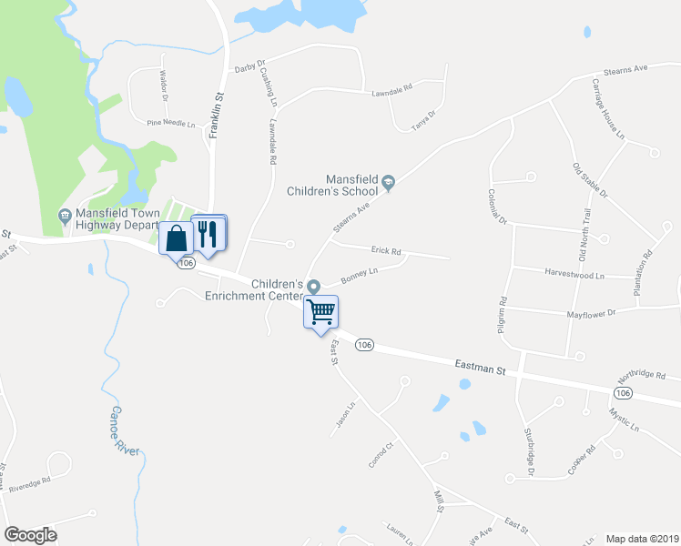 map of restaurants, bars, coffee shops, grocery stores, and more near 14 Bonney Lane in Mansfield