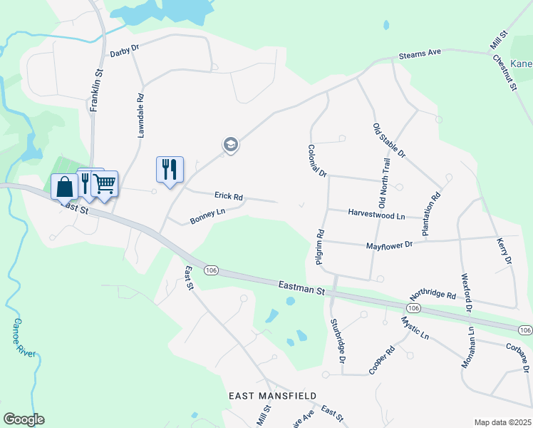 map of restaurants, bars, coffee shops, grocery stores, and more near 19 Erick Road in Mansfield