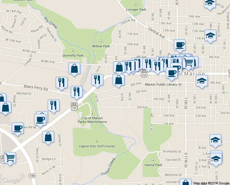 map of restaurants, bars, coffee shops, grocery stores, and more near 265 6th Ave in Marion