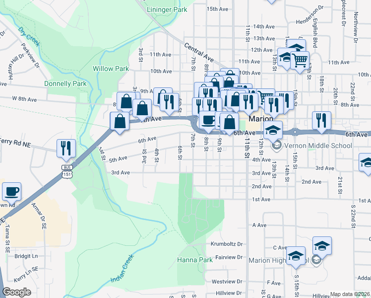map of restaurants, bars, coffee shops, grocery stores, and more near 635 5th Avenue in Marion