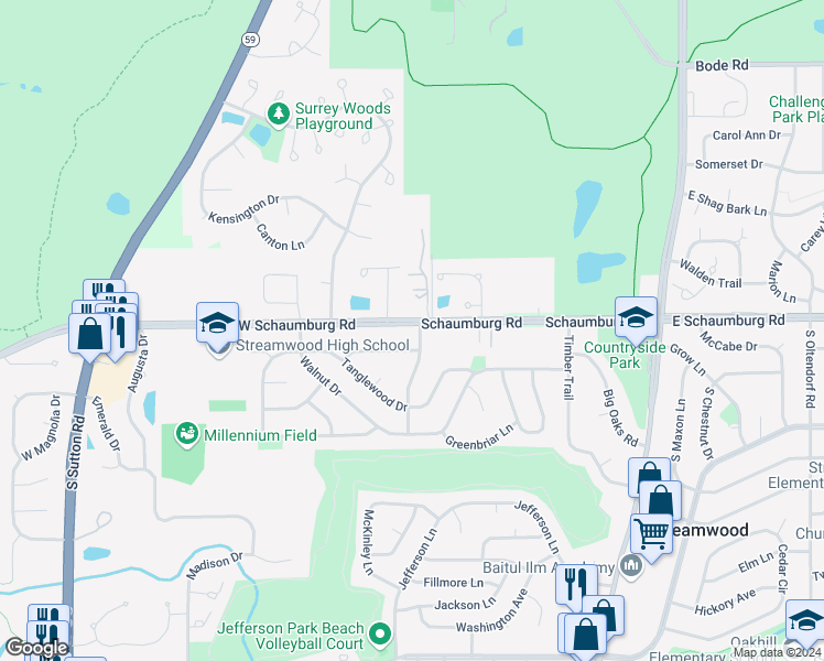 map of restaurants, bars, coffee shops, grocery stores, and more near 2 Center Road in Streamwood