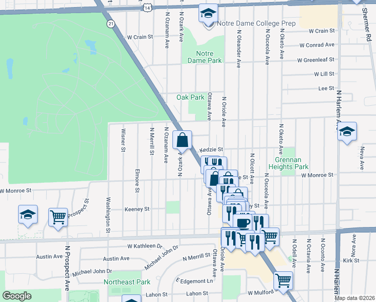 map of restaurants, bars, coffee shops, grocery stores, and more near 8312 Illinois 21 in Niles