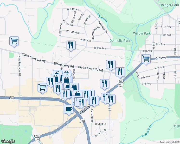 map of restaurants, bars, coffee shops, grocery stores, and more near 1023-1099 Blairs Ferry Rd NE in Marion