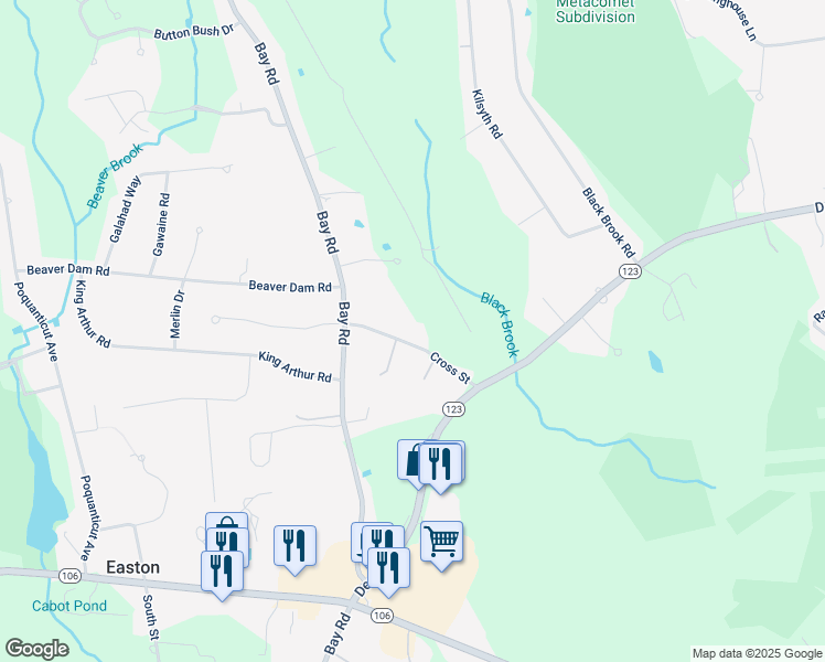 map of restaurants, bars, coffee shops, grocery stores, and more near 18 Cross Street in Easton