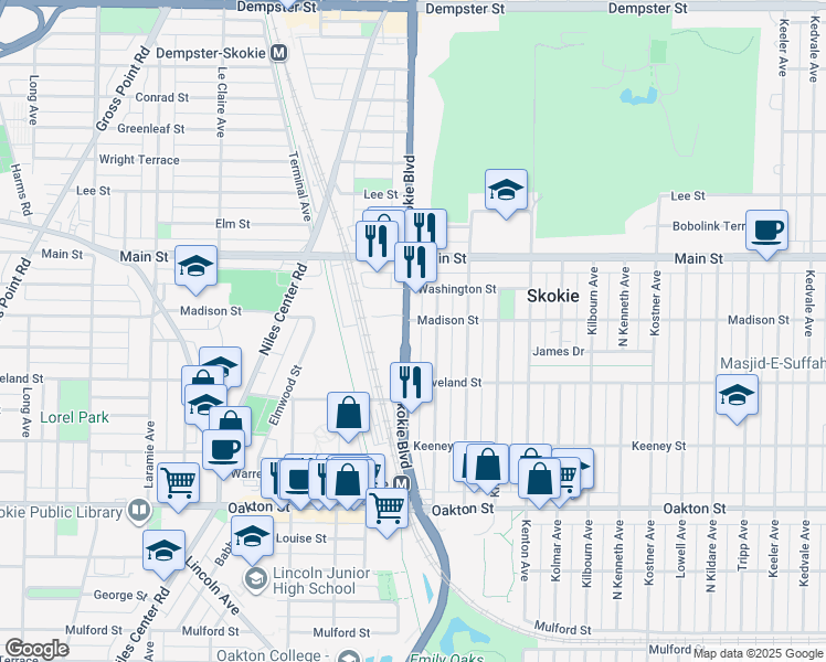 map of restaurants, bars, coffee shops, grocery stores, and more near 8255 Skokie Boulevard in Skokie