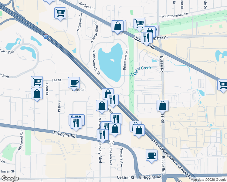 map of restaurants, bars, coffee shops, grocery stores, and more near 2948 South Briarwood Drive West in Mount Prospect